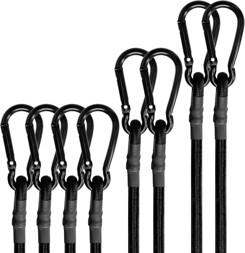 BEXSLE Bungee Cords with Carabiner Hooks Heavy Duty, Outdoor Black Bungee Straps, Strong Industrial Grade Elastic Bungee Rope for Securing Tarps, Luggage, Tents，Bikes, 12in + 24in + 48in，8pcs - Image 1